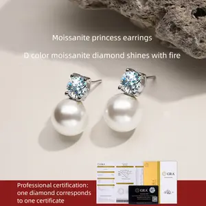 Moissanite & Simulated Pearl Dangle Earrings for Women, GRA Certified,Brilliant Cut Stone, S999 Sterling Silver, Hypoallergenic DDMS0020