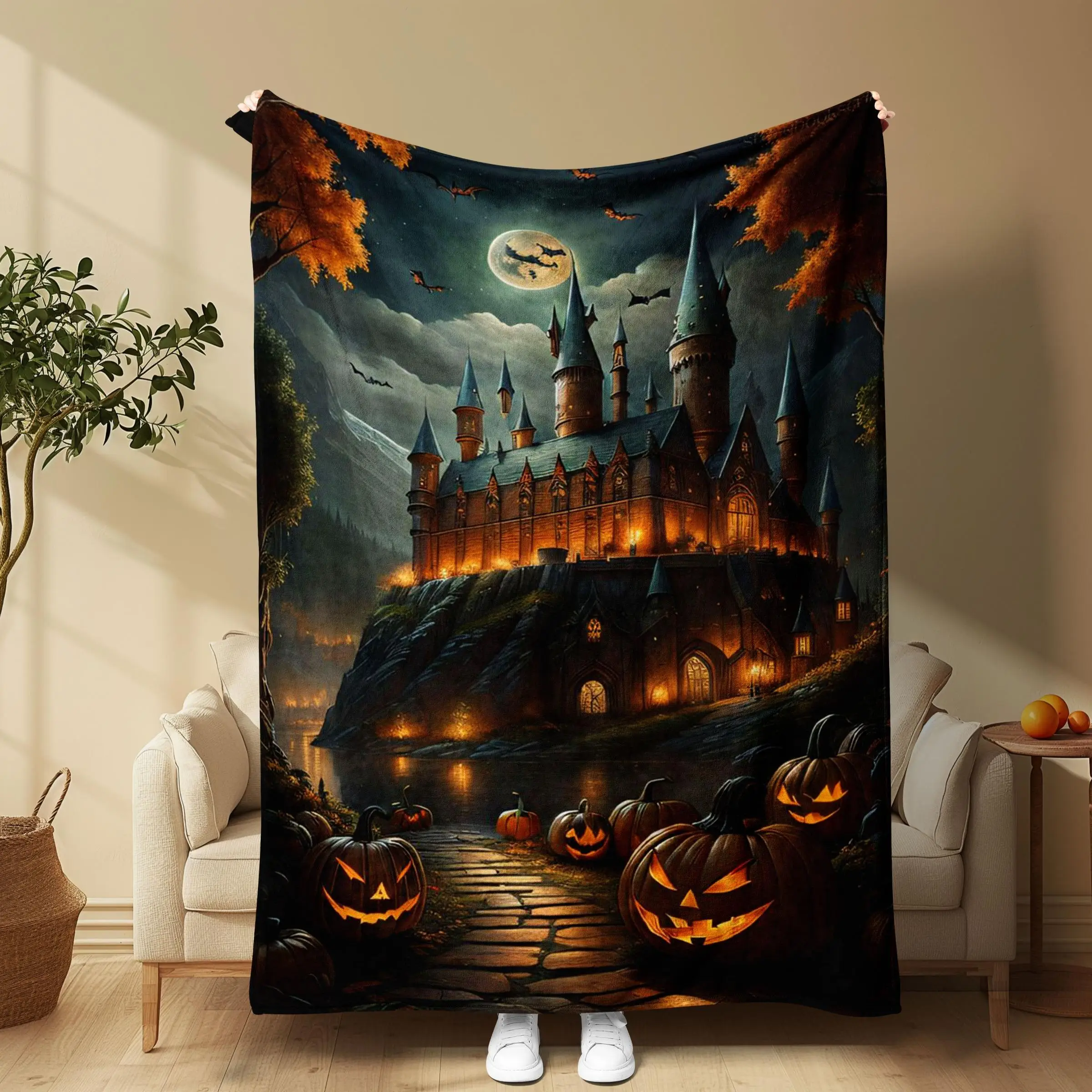 Halloween Hogwarts Castle Pattern Blanket, Soft Comfortable Throw Blanket, Cool Bedroom Bedding Blankets, Warm Napping Blanket for Home Office Travel