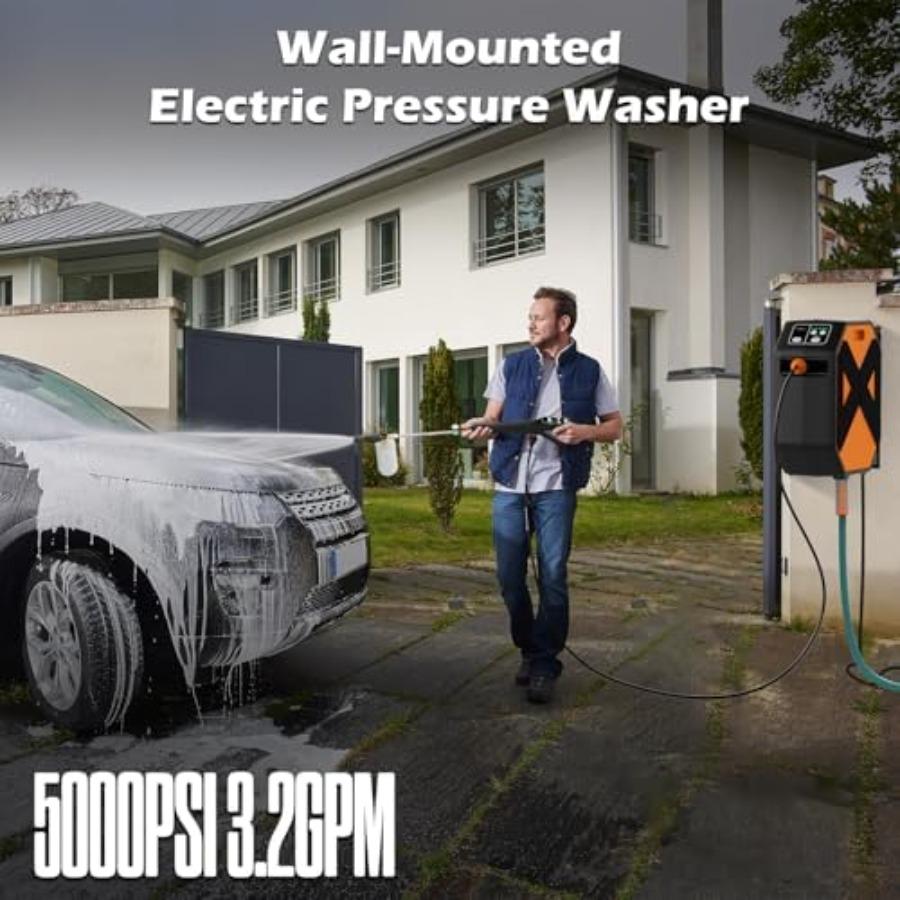 Wall Mounted Pressure Washer with 100FT Retractable Hose 5-Stage Adjustable Pressure Foam Cannon and 5 Nozzles for Car Lan