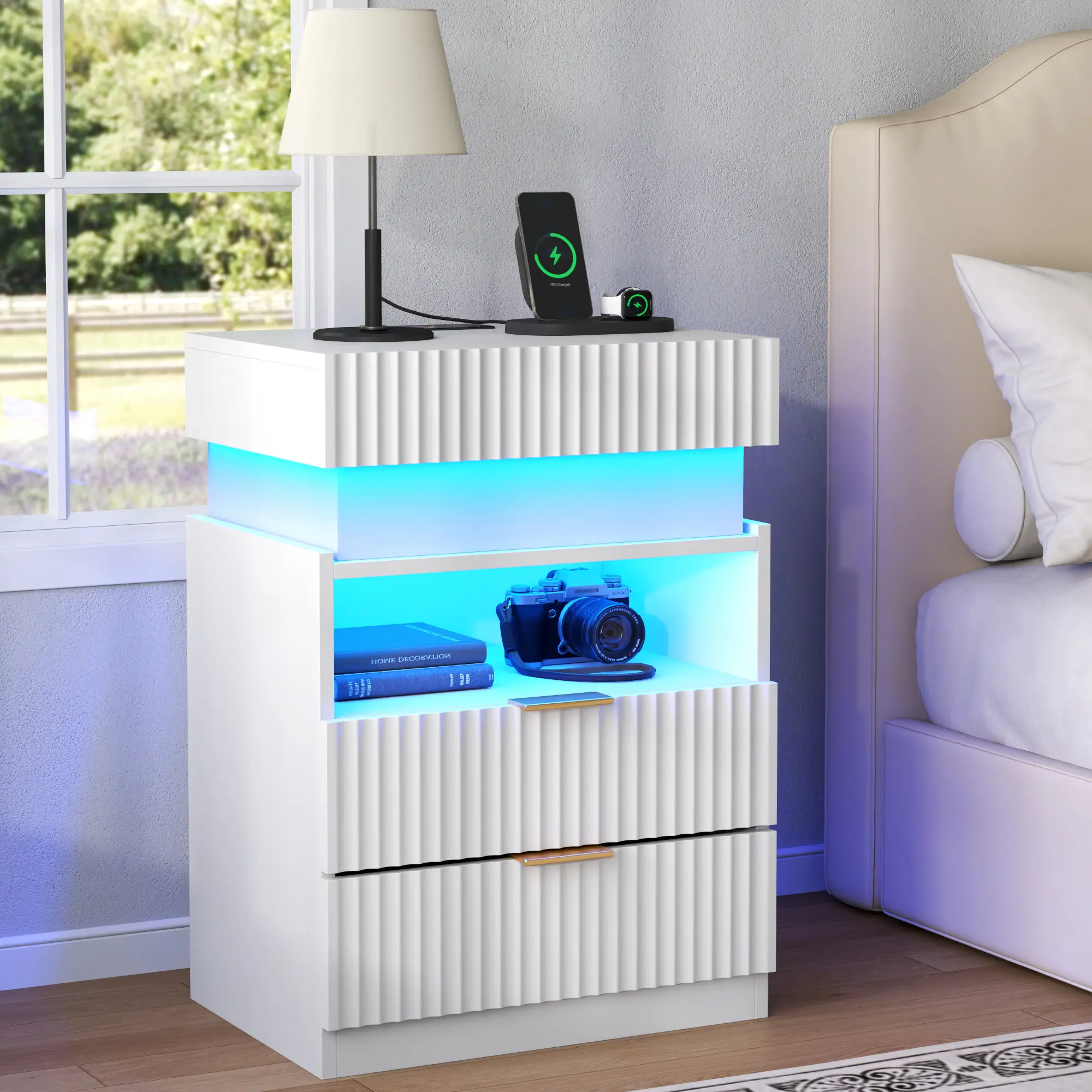 Gyfimoie Nightstand with Charging Station and LED Lights, Fluted Night Stand with 2 Drawers & Open Shelf,Modern Bedside Table with hidden compartment for Bedroom