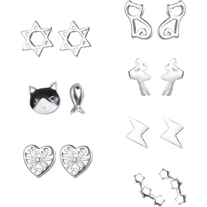 FINREZIO 7 Pairs Silvery Cute Diverse Stud Earrings Set for Women Men Hypoallergenic 925 Sterling Silver Earrings Set Cute Cat Fish Star of David/Heart/Ballet Dancer Earrings Dainty Minimalist Animal Symbol Jewelry for Daily Wear Parties Gift Giving