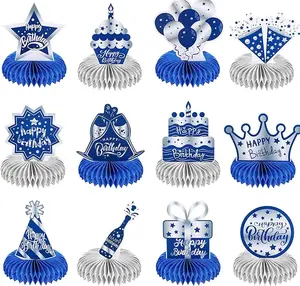 12 Pcs Happy Birthday Decorations for Men Blue Silver Honeycomb Centerpieces Party Supplies Paper Centerpiece Table Decorations Royal Table Centerpieces for Boys, Kids Party