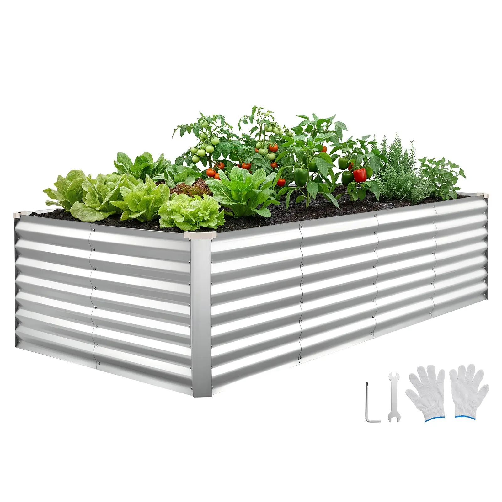 【Summerfinds】VEVOR Galvanized Raised Garden Bed Kit, 8x4x2 ft Rectangular Rustproof Alu-Zinc Metal Planter Box, Bottomless Elevated Outside Planters with Gloves, for Growing Flowers, Vegetables, Silver, Planters For Outside