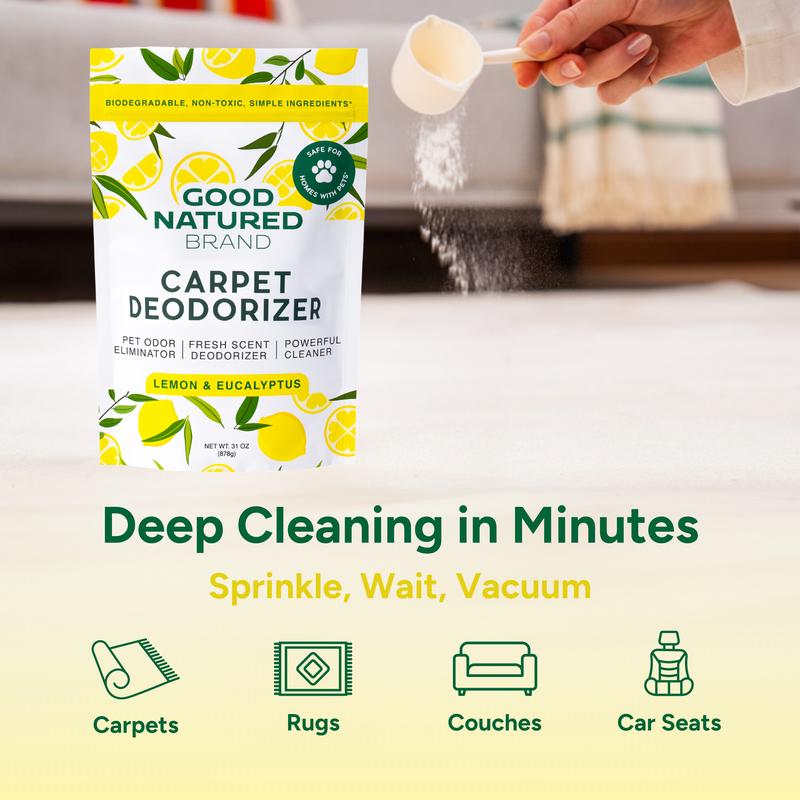 Good Natured Brand | Carpet Deodorizer & Freshener Powder | 31 oz Pet Odor Eliminator for Strong Odor & Pet Urine | Fresh Natural Lemon & Eucalyptus Scent | Safe for Homes with Pets