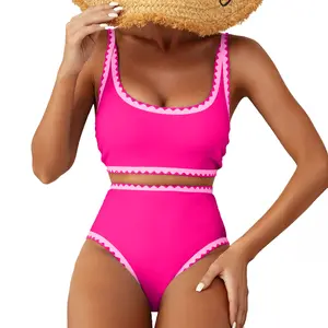 Aleumdr Women's Bikini Sets Floral Print Whip Stitch 2 Piece Swimsuits High Waisted Scoop Bathing Suits