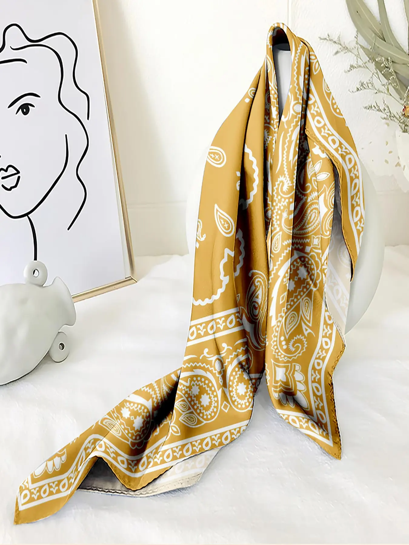 Mustard Yellow Paisley Print Square Scarf - Boho Style Scarf, Classic Boho Vibe Satin Bandana for Women, Versatile Hair Wrap/Neck Scarf/Bag Accessory, Perfect for Western Festivals & Holiday Party Fashion