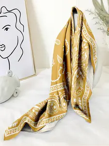 Mustard Yellow Paisley Print Square Scarf - Boho Style Scarf, Classic Boho Vibe Satin Bandana for Women, Versatile Hair Wrap/Neck Scarf/Bag Accessory, Perfect for Western Festivals & Holiday Party Fashion
