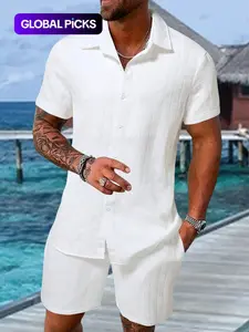 Men's Regular Fit Short Sleeve Pajama Two-piece Set, Casual Comfy Button Up Top & Shorts Pj Set, Men's Summer Sleepwear, Loungewear, Plain