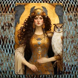 Elegant Greek Goddess Athena Aluminum Wall Art with Owl and Golden Gown Perfect for Home Office Living Room Decor