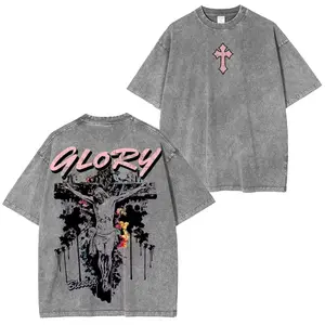 Vintage Washed Gray Grunge Streetwear T-Shirt with Pink Gothic Cross, "GLORY" Graffiti & Jesus Crucifixion Print, Oversized Faith Aesthetic Unisex Tee