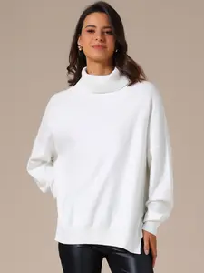 INSPIRE CHIC Women's High Neck Sweater Pullover Fall Winter Drop Shoulder Long Sleeve Side Slit Knitted Tops White