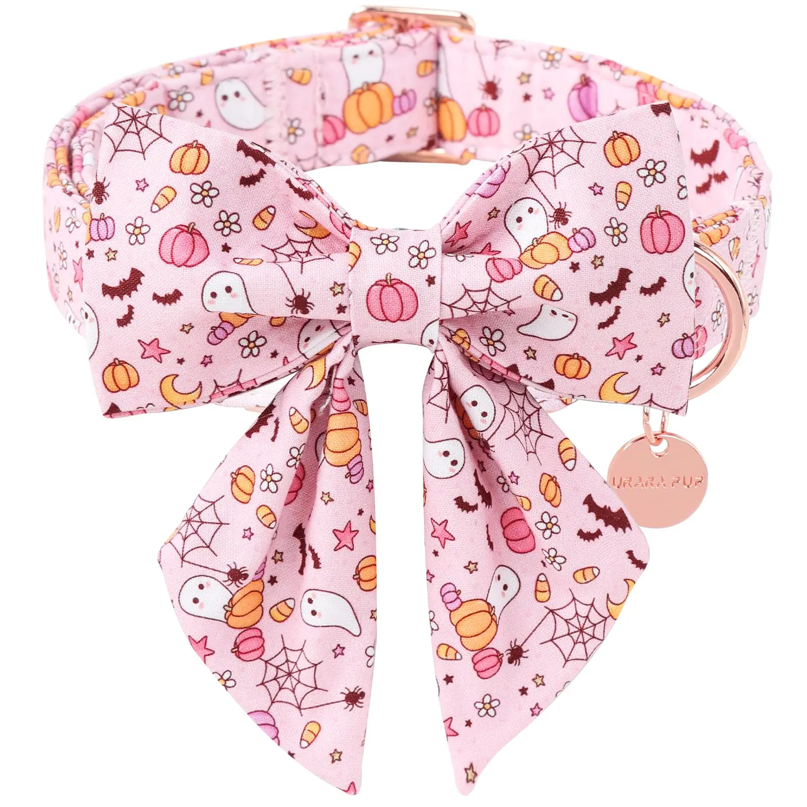 UP URARA PUP Cotton Fabric Dog Collar - Pink Floral Halloween Themed with Ghost Pumpkin Bow Tie, Maple Leaf Charm, Adjustable Fit, Buckle & D-Ring for Small, Medium, Large Dogs, Collars