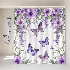 Shower Curtain, Floral Bathroom Decor with 12 Hooks, Purple Lavender Lilac Flower Waterproof Polyester Bath Curtains, Modern Home Bedroom Decor,72x72