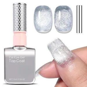5-in-1 Cat Eye Gel Polish 15ml No Base/Top Coat Needed All-in-One Formula, Beginner-Friendly Magnetic Nail Polish with Magnet Stick, Fast Curing for Home DIY Manicure (Silver)