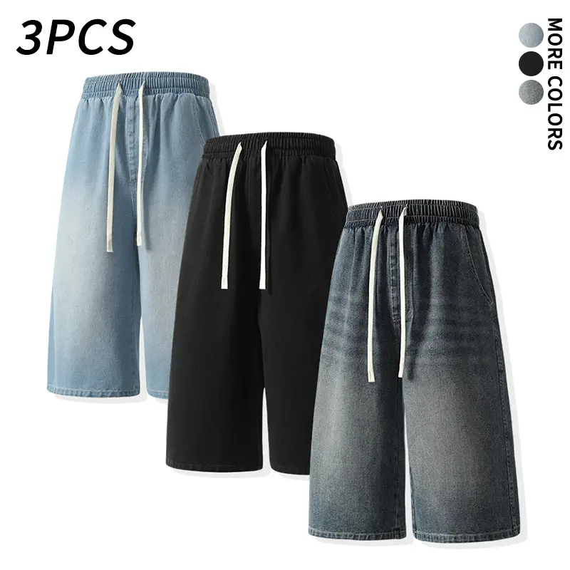 3PCS Men’s drawstring elastic waist denim capri shorts, loose wide leg jorts, casual streetwear, everyday sports, knee-length shorts