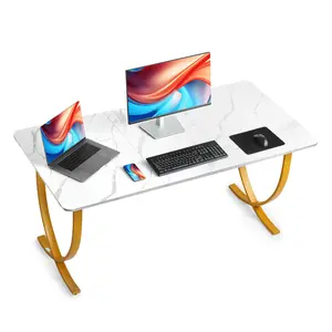 VEVOR Executive Desk, 63" W x 31.5" D Large Office Desk, Modern Computer Table Conference Meeting Room Table, Business Furniture Enlarged Desktop for Home Office, White and Gold