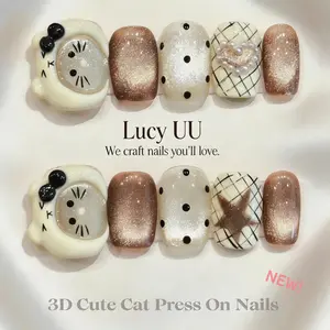 【Lucy UU】Cute Cat Eye Sweet French Baddie Press On Nails Brown Bow Short Coffin Shape Handmade Reusable