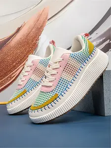 Women's Lace-Up Thick Sole Woven Sneakers - Comfortable & Breathable, Suitable for Outdoor Sports & Daily Wear Mesh Sneakers