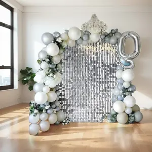 KEQU 5*6 FT silver background wall with 30 silver glitter background decorative panels, for birthdays, New Year's, Valentine's Day, Christmas, anniversaries, weddings, engagement decorations, photo shoots, Easter decorations, banners, decorations