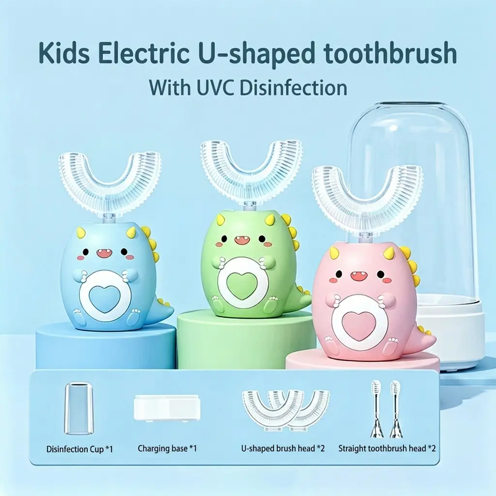 Kids  Electric U-Shaped Toothbrush with UVC Disinfection & Drying Base, Sonic Automatic Toothbrush for Toddlers Ages 2-14 with 4 Brush Heads, IPX7 Waterproof, 3 Modes, BPA-Free Oral Care sohochic