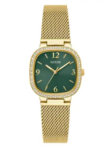GUESS Female Gold-Tone and Green Mesh Analog Watch