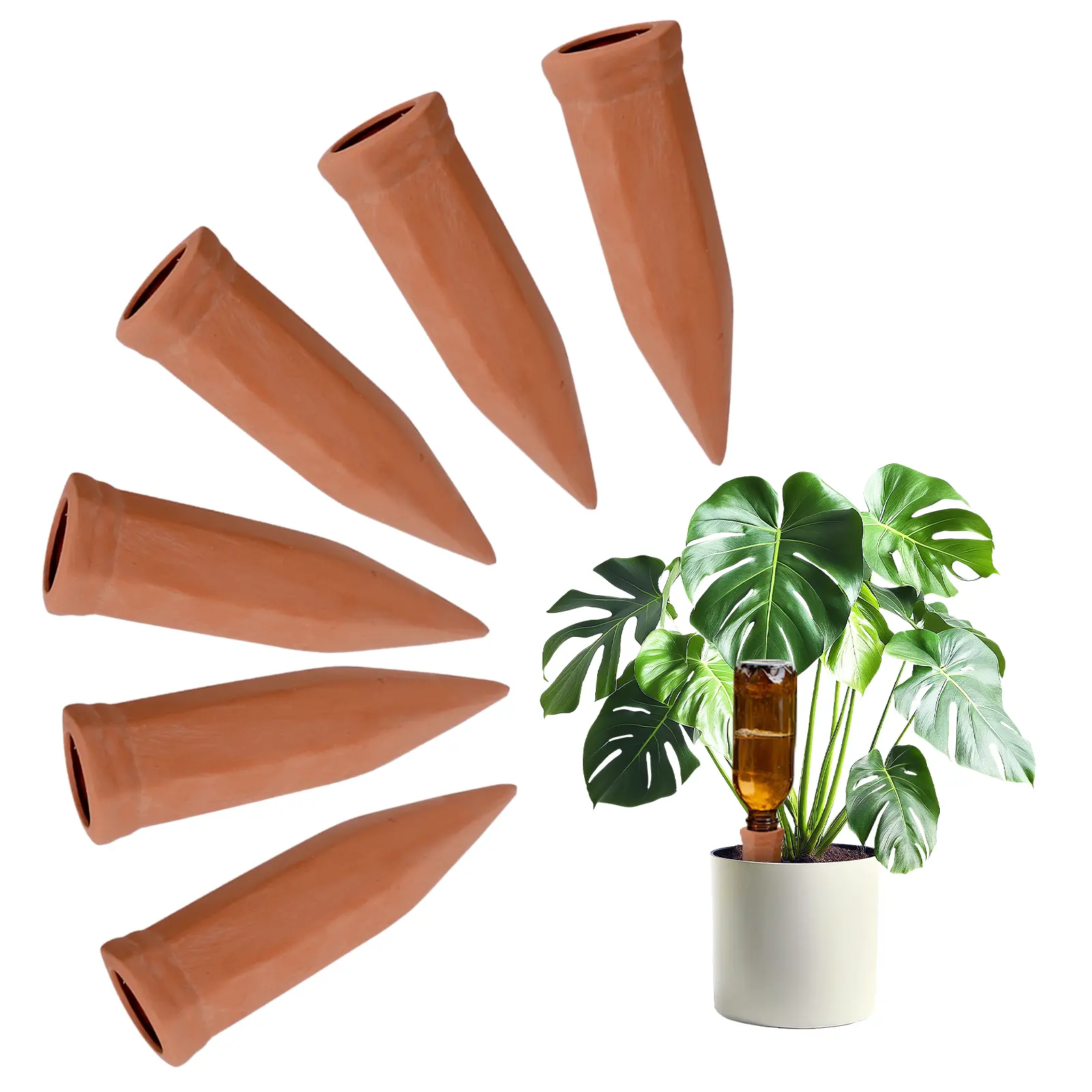 Bamworld 6 Pcs Terracotta Self-Watering Spikes, Automatic Plants Watering System with Moisture Control, Recycled Wine Bottle Clay Waterers for Indoor/Outdoor Gardens & Vacation Use