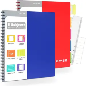 2 Pack- 5 Subject Notebook, College Ruled Notebook 3-Hole Punched With Dividers, Storage Pockets, 11" Ruler, 200 Pages, for Writing Journal,  &Office, School Supplies(RB)