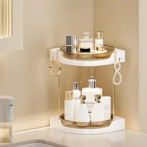 2 Tier Corner Bathroom Counter Organizer with Spin Trays 360 Rotating Makeup & Skincare Perfume Storage for Vanity Kitchen Amber