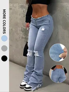 Women's Winter Ripped Bell Bottom Jeans Mid Rise Destroyed Hem Flare Denim Pants Casual Daily Outfits