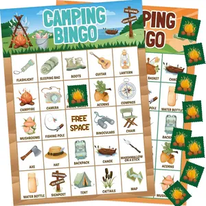 Camping Bingo Game for Kids, 24 Players Outdoor Camping Party Game, Camp Adventure Activities, Family Camping Games, Summer Camp Party Supplies, Nature Scavenger Hunt Activity for Boys & Girls