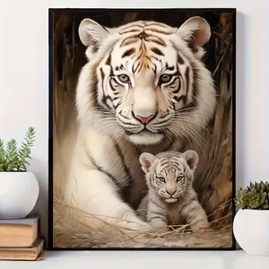 Room Decor 1pc White Tiger and Cub Canvas Print, Frameless Creative Wall Art Decor, 12x16 inches, for Home Bedroom Kitchen Living Room Bathroom, Hotel Cafe Office Restroom Room Art Poster