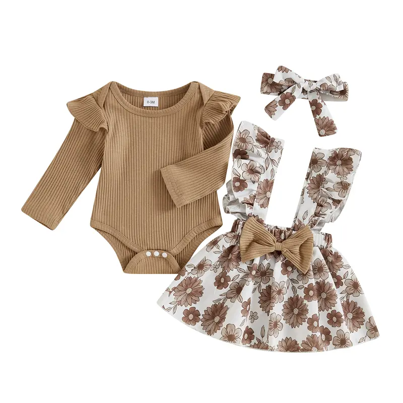 Baby Girls Spring Outfits Short Sleeve Ribbed Romper + Suspender Skirt + Headband Set Newborn 3 Piece Clothes