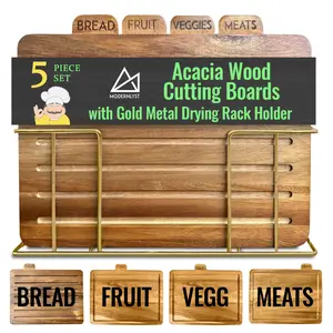 MODERNLYST Acacia Cutting Boards for Kitchen with Holder 13" x 11" x 2.5" | Labeled Wood Cutting Board Sets | Large Wooden Cutting Board Set of 4 with Gold Organized Stand | Non Toxic Chopping Board