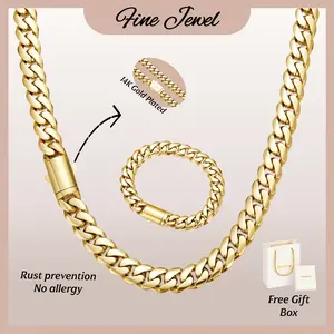 【Set】14K gold-plated Cuban Necklace Bracelet Set | The latest electroplating gold-plating process for rust prevention| Miami hip-hop style fashion items| The best gift for men and women| Couples' style| 6mm/8mm/10mm/12mm/14mm.Valentine's Day gift