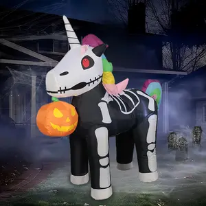 Spooky-Cute Skeleton Unicorn 5ft Inflatable with Built-in LED Lights Weather-Resistant for Halloween Decorations