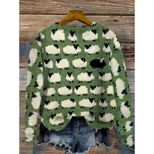 Sheep Pattern Round Neck Sweater, Autumn Winter Casual Long Sleeve Sweater, Women's Clothing Fabric Knitted Top Print Knitwear Womenswear