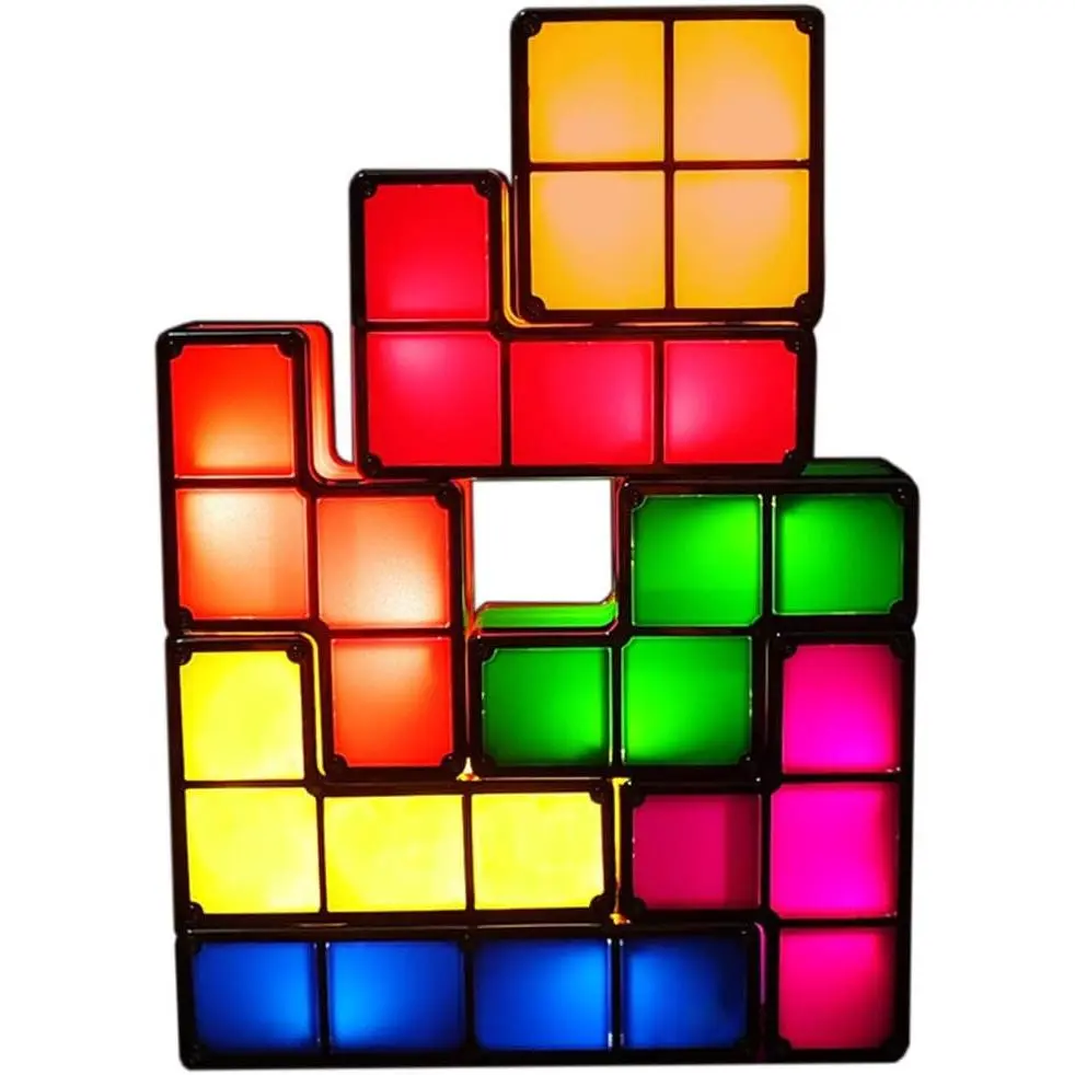7-Piece Stackable Plastic 3D Puzzle Night Light, Retro Game Themed Illuminated Transparent Block Lamp with Induction Interlocking 7-Color Magic Blocks, Mood Lighting for Teens’ Desk, Home Decoration Gift, Illumination