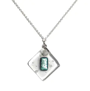 Dichroic Green on Clear Fused Glass Pendant Necklace