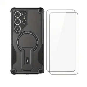 3PCS (1 Phone Case + 2 Tempered Glass Screen Protectors)  Suitable for Samsung Galaxy S26Ultra, Galaxy S25Ultra,  Galaxy S24. It Features A Dual-layer Structure Design with A Hidden Stand,  and Is Suitable for Scenarios Such As Watching Movies.