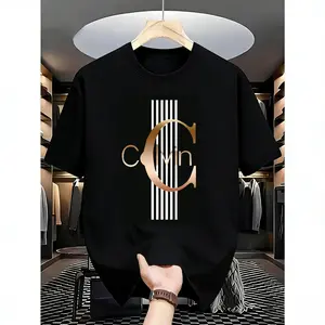 Men'S Casual Calvin Graphic T-Shirt - Bold Letter Print with Black Stripes & Golden Accents, Breathable Round Neck Summer Streetwear, Machine Washable, Comfortable Everyday Fashion Tee, Everyday Tshirt |Bold Letter Print |Comfortable Fit, T Shir Cotton