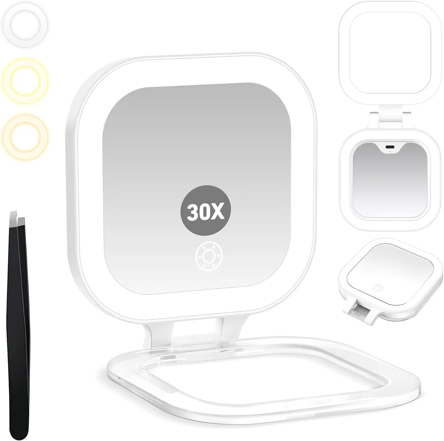 Travel Mirror with Light, Compact Mirrors, 1x/30x Magnifying Mirror with 3 Color Lights and Adjustable Brightness, 4.5x3.9 inch Small Compact Hangable Hand Pocket Mirrors, Comes with Tweezer