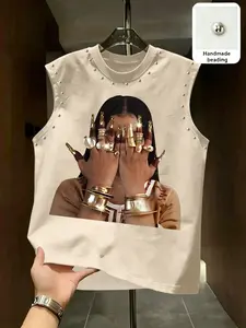 European and American Style Sleeveless T-Shirt, Bead Rivet Craft, Fashion Streetwear, Daily Wear Vest, Heart Pattern, Tops