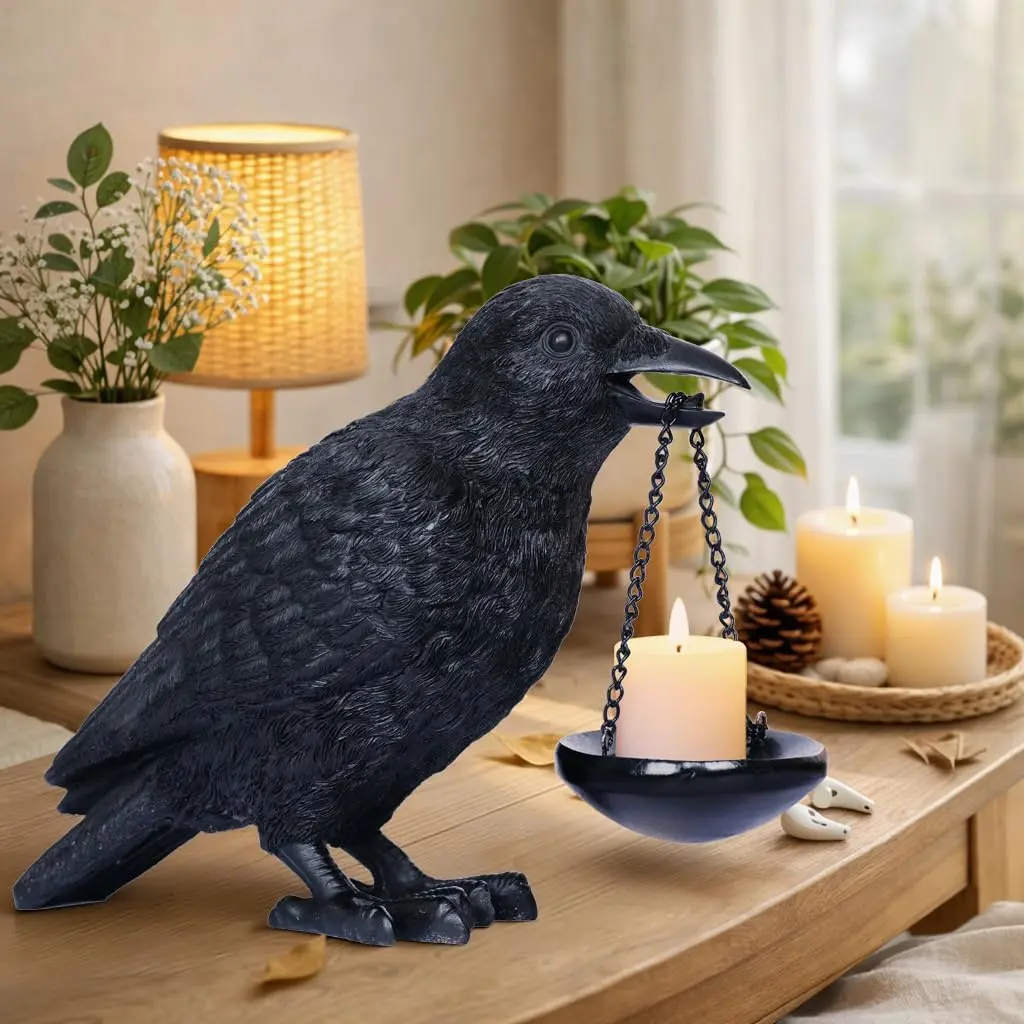 Gothic Crow Lamp with Decorated Tea Light Candle Holder - Raven Statue Halloween Aesthetic Decor, Black Bird Indoor Home Accent for Living Room Tabletop, Unique Goth Witchy Gifts, Indoors Decor Piece