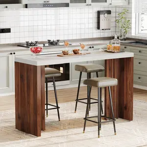 Tribesigns Home Bar Unit, 55.12-Inch Bar Table with a Faux Marble Finished Tabletop, Modern Freestanding Mini Bar for Home Kitchen, Living Room, Balcony, Basement, Walnut & White