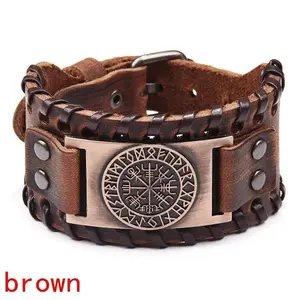 Totem Design Wide Leather Pirate Compass Bracelet Men's Bracelet Celtic Viking Jewelry Compass Bracelet Accessories Party Gifts