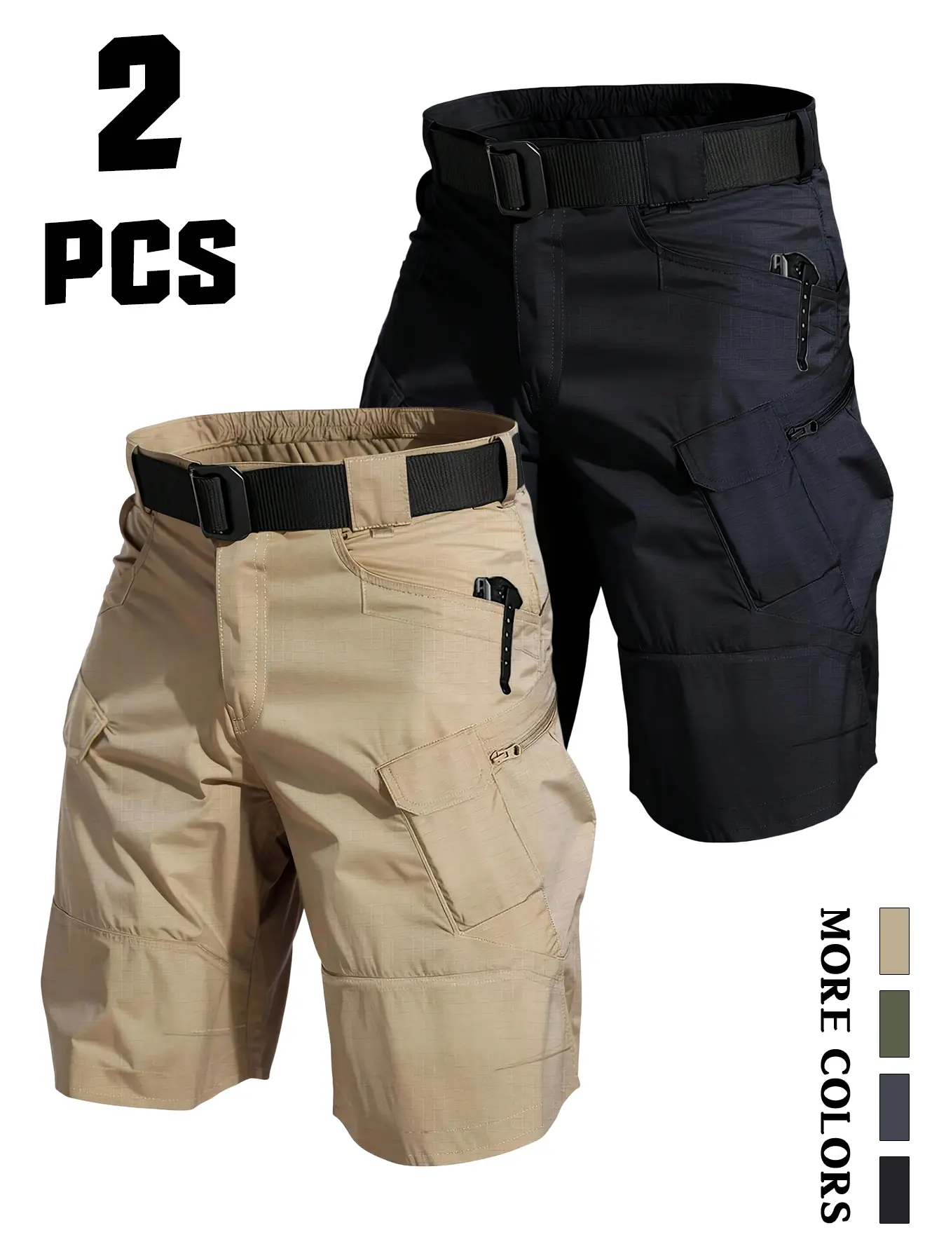 Men’s 2-Pack Loose-Waist Tactical Cargo Shorts Set, Elastic Belt Included, Matching Fabric, Side Zipper Pockets, Quick-Dry, Abrasion-Resistant Menswear Outdoor Functional Shorts