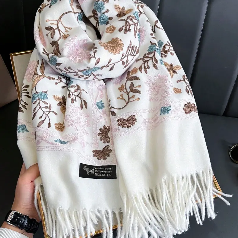 Boho Style Plant Embroidery Double Sided Paisley Scarf, Casual Soft Warm Fringe Trim Floral Embroidered Fashion Wrap for Women & Men, Fashion Accessories for Daily Wear, Fashionable Scarf