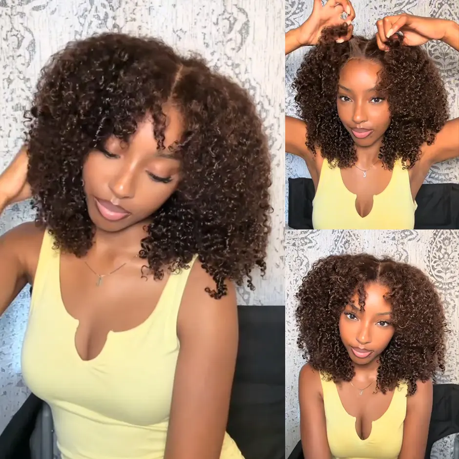 FORGIRL FOREVER #4 Chocolate Brown Kinky Curly Glueless Wig 7x5 Pre Cut Bleached Knots Wear And Go Glueless Wig Highlight Lace Front Human Hair Wigs