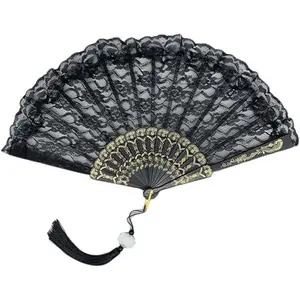 Lace Handheld Chinese Folding Fan  Silk Fans for Wedding Decoration(Black)