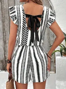 Women's Backless Bow Tie Jumpsuit, Floral Print Ruffle Butterfly Sleeves, Holiday Style Bohemian One-Piece for Travel Beach